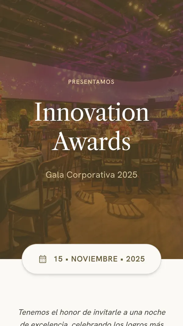 Diseño de invitación para una gala corporativa: el salón de fondo en tonos dorados, el nombre del evento y la fecha en una pastilla clara.