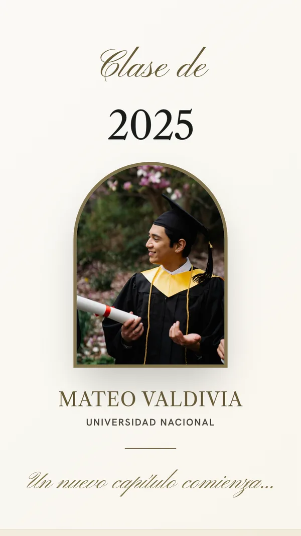 Diseño de invitación de graduación: "Clase de 2025", el retrato del graduado dentro de un arco dorado y su universidad debajo.