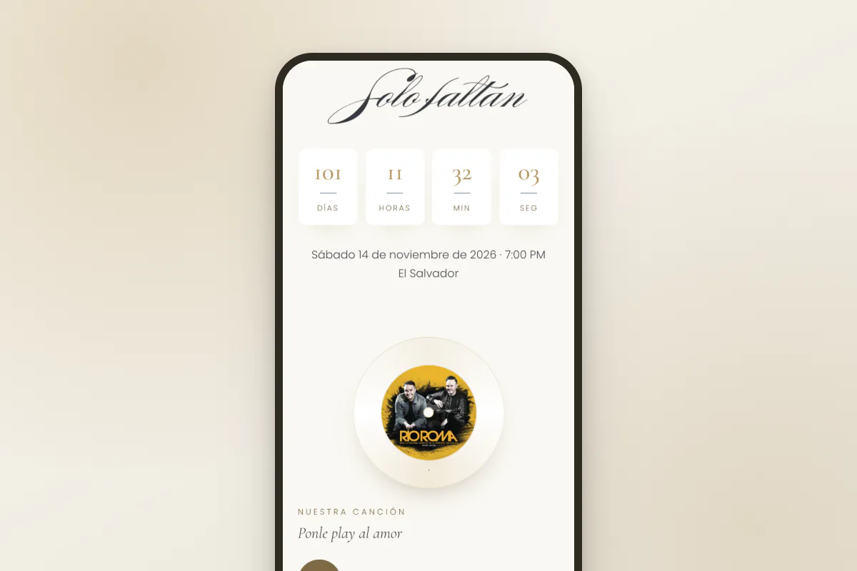 La invitación en un teléfono: la cuenta regresiva con los días, horas y minutos que faltan, y debajo el disco con la canción del evento.