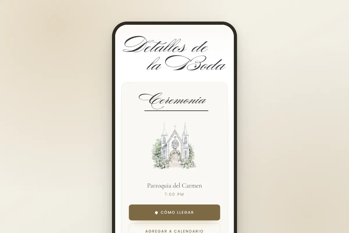 La invitación en un teléfono: la ceremonia con su iglesia dibujada, la hora y los botones para llegar y agregarla al calendario.