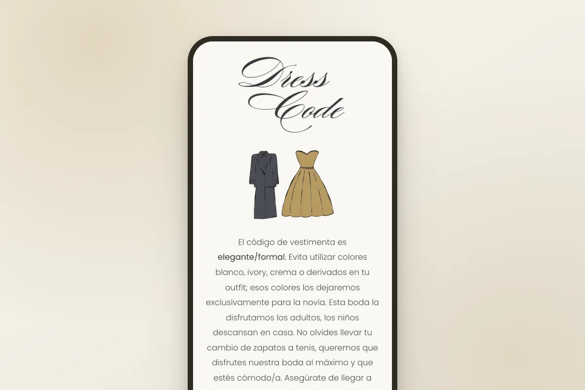 La invitación en un teléfono: el código de vestimenta, con el traje y el vestido dibujados y las indicaciones para los invitados.