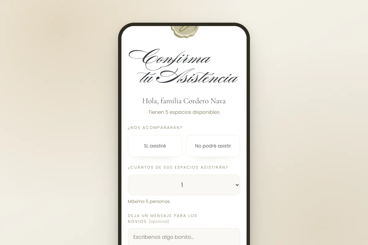 La invitación en un teléfono: el formulario de confirmación, con los espacios que le tocan, el sí o el no y un mensaje para los anfitriones.